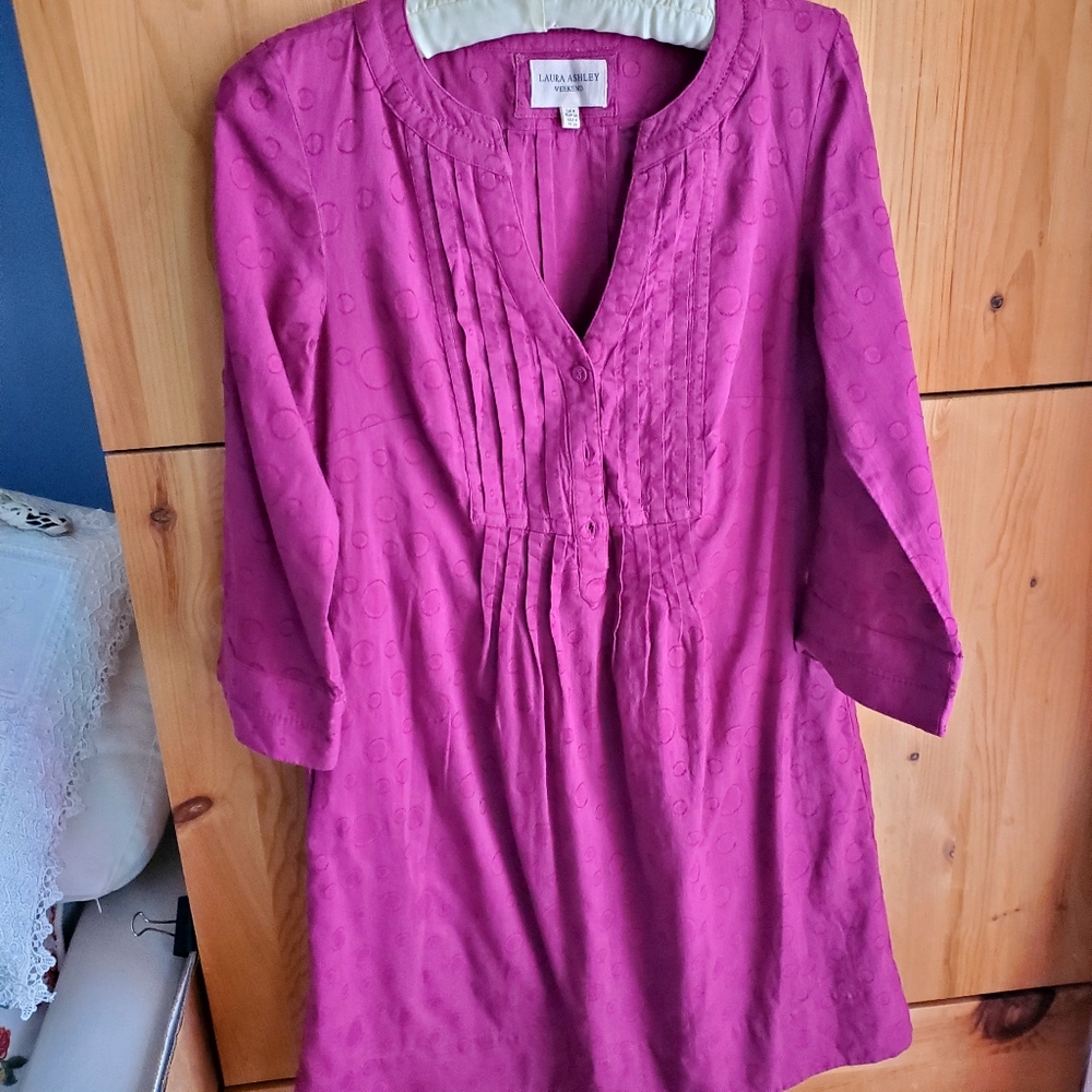 Laura Ashley NWOT Magenta Cotton Pintuck Long Sleeve Dress Size 4